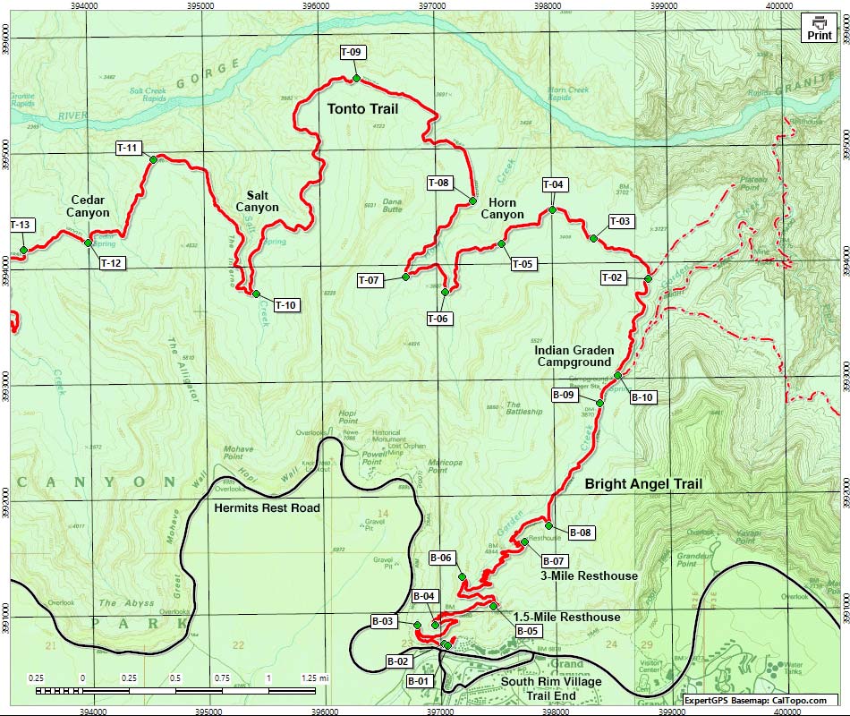 Hermit Trail, Tonto Trail, Bright Angel Trail Loop Map (East Section)